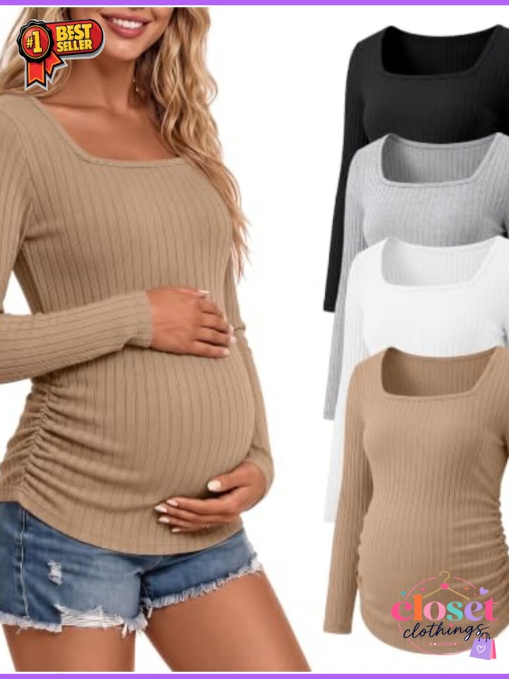 Maternity Long Sleeve Square Neck Ribbed Shirt 4 Pack